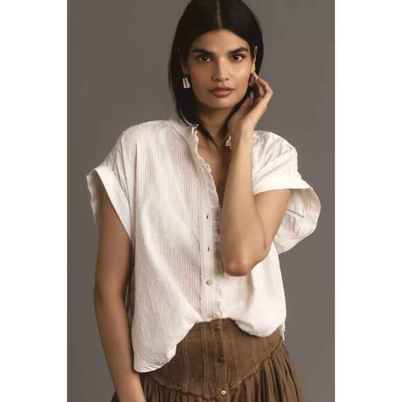 Pilcro Tops - PILCRO Oversized Ruffled Blouse White Swiss Dot Striped Button Up Top SIZE XL